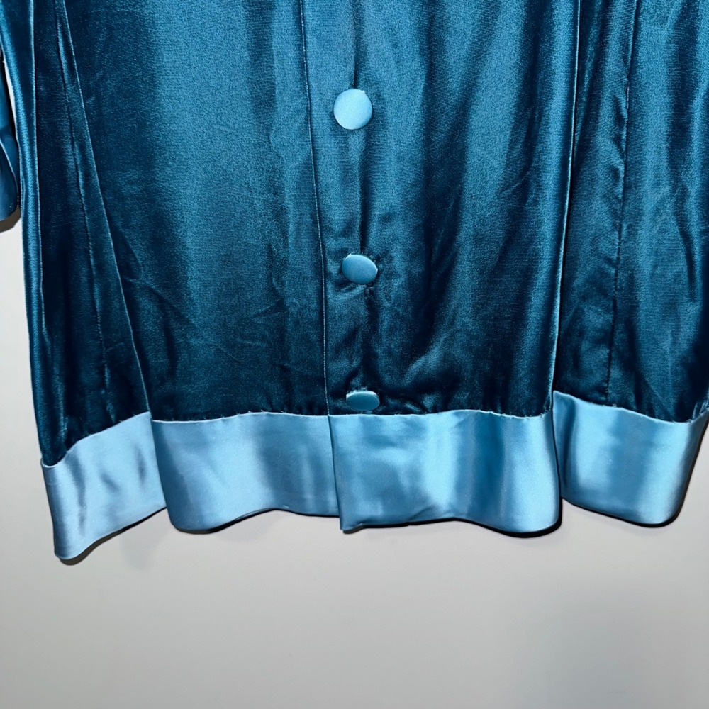 Vintage 1960s Teal Velvet‎ Mini Dress Button Front Satin Trim Long Sleeve Blue - Picture 2 of 4